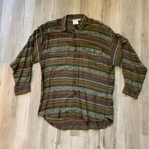 Vintage COSI 1990s Geometric Stripe Rayon Button Up Shirt Mens Large Green Multi
